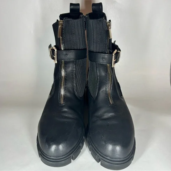 Black faux leather side knit zip up boots - Picture 4 of 8
